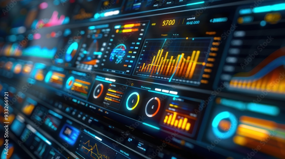 Detailed view of digital dashboard showing real-time data analysis for business performance tracking. Detailed view of digital dashboard showing real-time data analysis for business performance tracking.