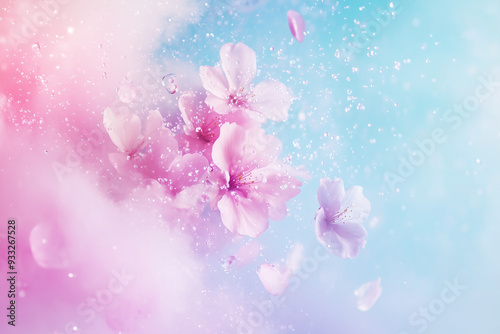 Dreamy pastel garden with pink and blue flowers, floating cherry blossoms, and wisps of cotton candy in the air, captured in hyper-realistic detail.