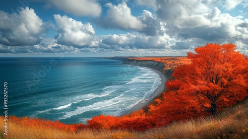 Coastal landscape with vibrant autumn foliage and rolling waves near the cliffs photo