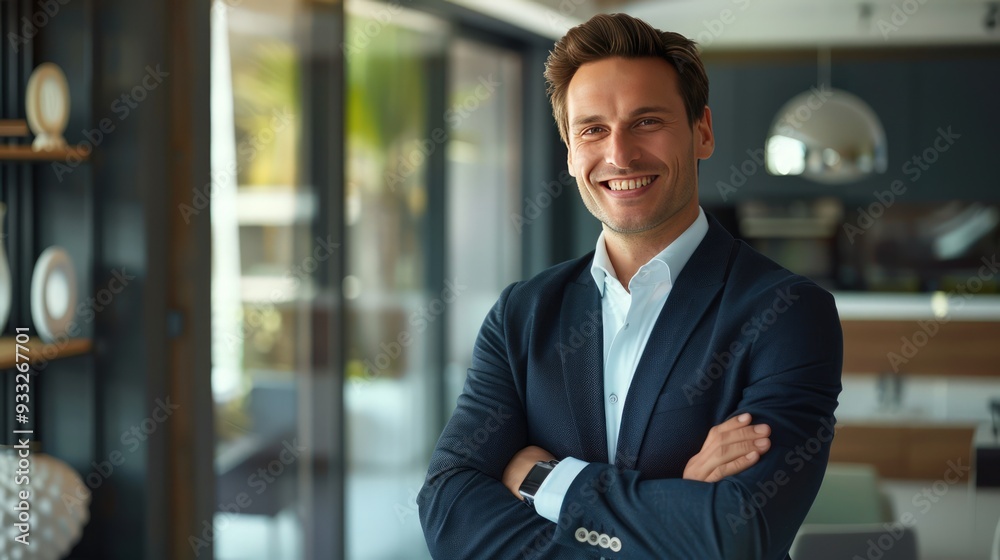 Handsome businessman with arms crossed, smiling in a contemporary office, photo-realistic style. Handsome businessman with arms crossed, smiling in a contemporary office, photo-realistic style.