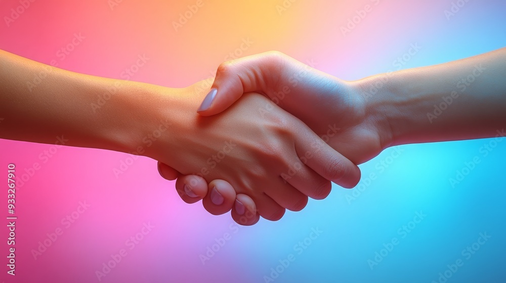 Two individuals shake hands against a vibrant gradient background, symbolizing agreement and collaboration. Two individuals shake hands against a vibrant gradient background, symbolizing agreement and collaboration.