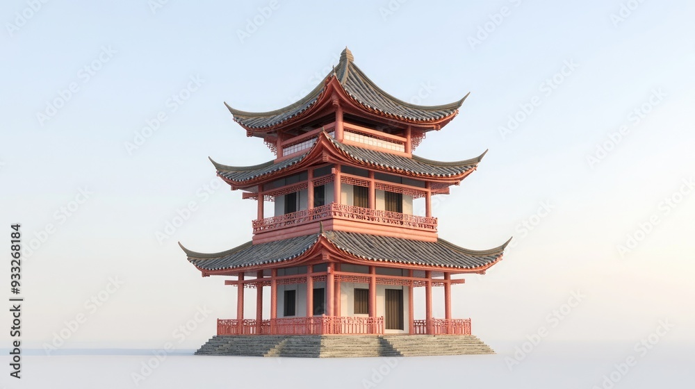 Fototapeta premium A traditional Chinese style pagoda with red pillars, layered roofs and wooden trim against a white backdrop.