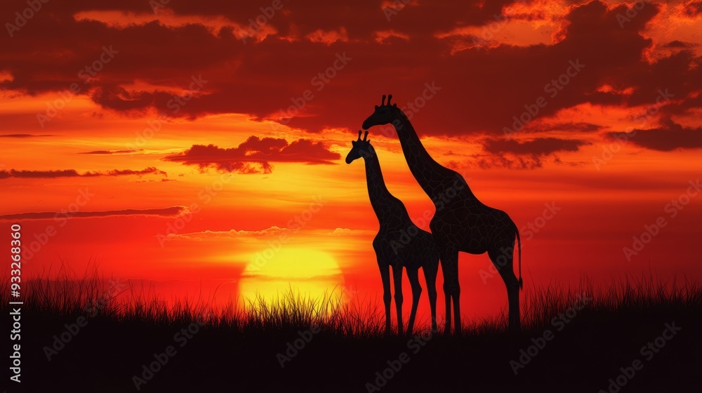 Silhouettes of two giraffes stand against a fiery sunset in the African savanna. Silhouettes of two giraffes stand against a fiery sunset in the African savanna.