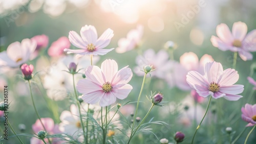 Delicate pink cosmos flowers sway gently in a lush garden, bathed in soft, warm sunlight on a serene spring morning, amidst a dreamy, blurred background.