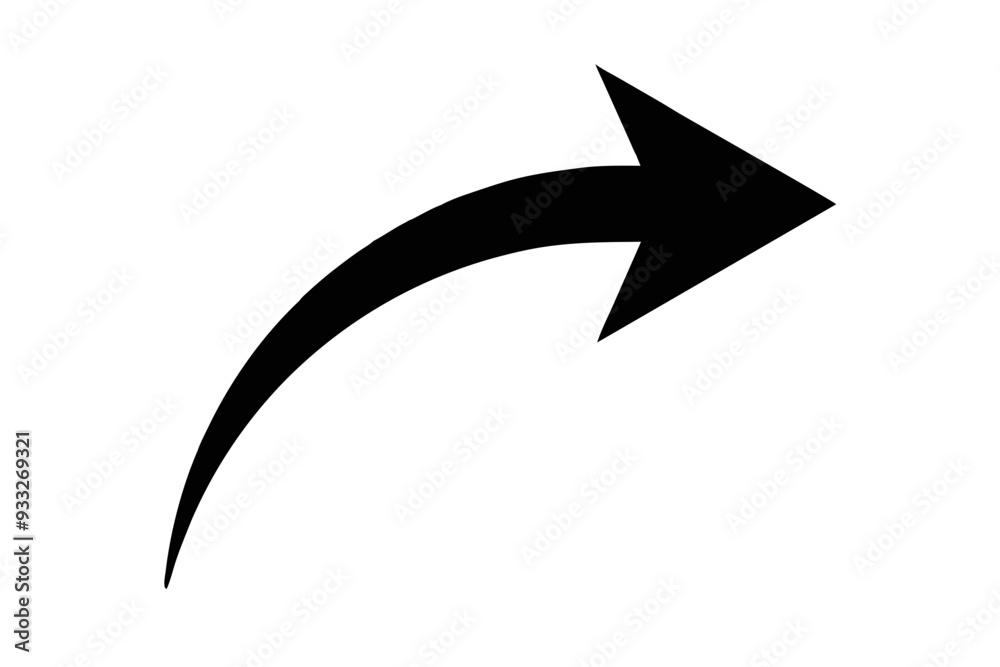 a black arrow on a white background. The arrow is curved, starting from the bottom left and pointing towards the top right. It has a broad base that tapers to a sharp point a black arrow on a white background. The arrow is curved, starting from the bottom left and pointing towards the top right. It has a broad base that tapers to a sharp point