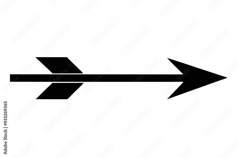 a simple black arrow pointing to the right. It has a straight shaft with a pointed arrowhead on the right end and fletching, or feathers, on the left end a simple black arrow pointing to the right. It has a straight shaft with a pointed arrowhead on the right end and fletching, or feathers, on the left end
