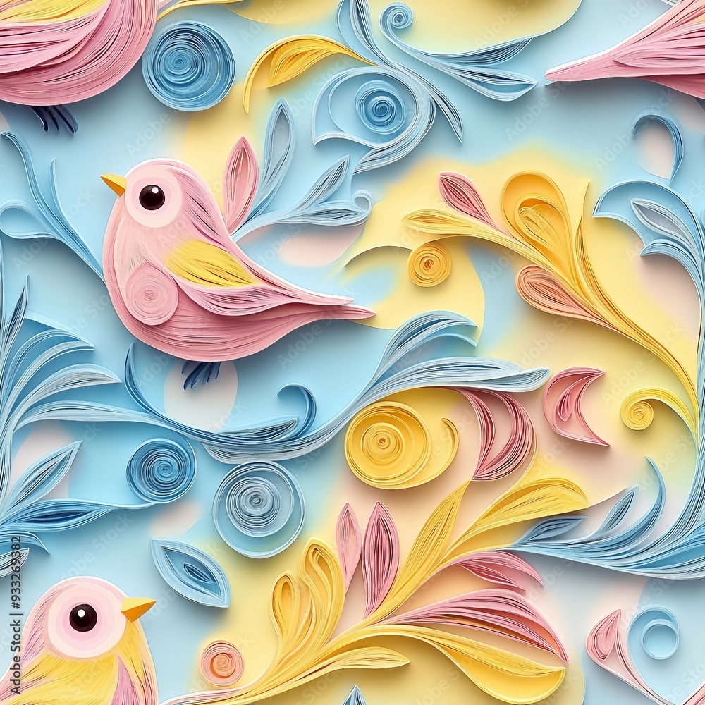 Obraz premium seamless pattern of 3D sparrow bird, paper quill pattern. 