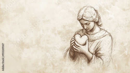 Biblical Illustration of Psalms 14: A Figure Clutching a Heart-Shaped Pendant, Symbolizing the Few Who Hold Fast to God in a World Full of Denial on Beige Background