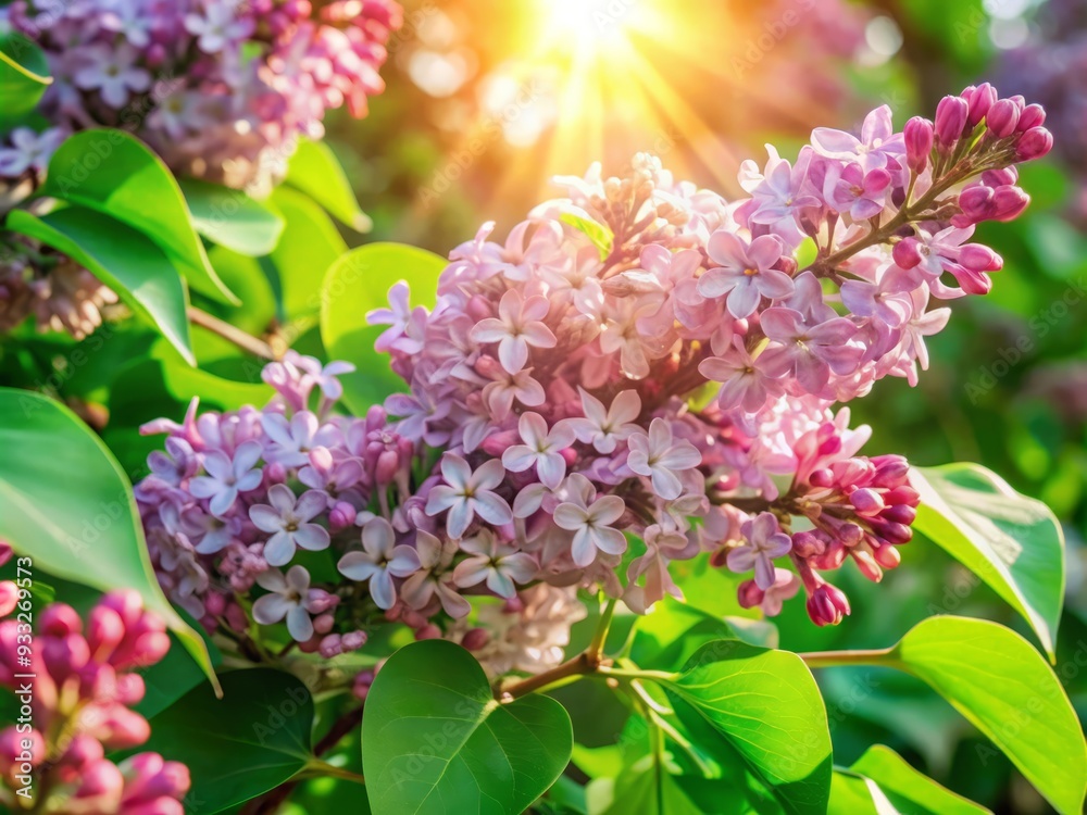 Fototapeta premium Delicate purple lilac blossoms sway gently in the breeze, releasing their sweet fragrance, surrounded by lush green leaves and warm sunlight, evoking serenity and peacefulness.