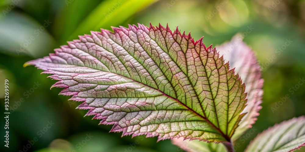 Delicate False Spiraea leaf with intricate venation and soft, feathery texture against a blurred green background, providing ample copy space for text or design elements.