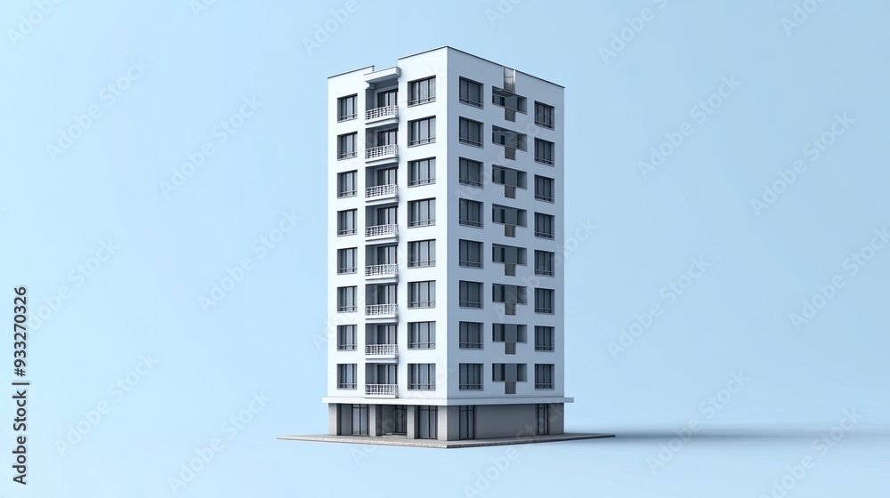 A white apartment building with balconies stands out against a light blue background. A white apartment building with balconies stands out against a light blue background.