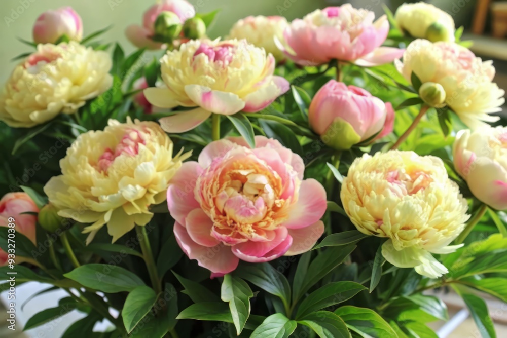 Delicate pink peony flowers bloom in a lush arrangement, set against a transparent background, showcasing their soft petals and lush green foliage in stunning detail. Delicate pink peony flowers bloom in a lush arrangement, set against a transparent background, showcasing their soft petals and lush green foliage in stunning detail.