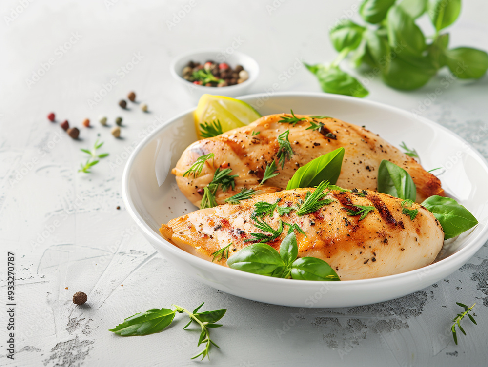 diet food. chicken breast in white bowl, top view, white background, Right space for Text caption diet food. chicken breast in white bowl, top view, white background, Right space for Text caption