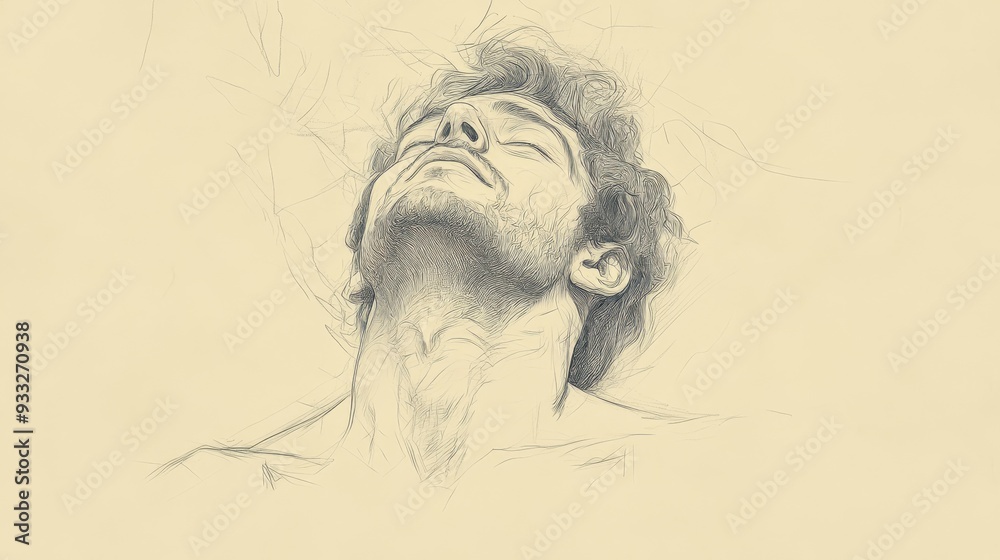 Biblical Illustration of Psalms 4: David looking up to the sky, his face filled with peace and assurance as he entrusts his life to God and lies down to sleep, symbolizing faith, on a beige background Biblical Illustration of Psalms 4: David looking up to the sky, his face filled with peace and assurance as he entrusts his life to God and lies down to sleep, symbolizing faith, on a beige background