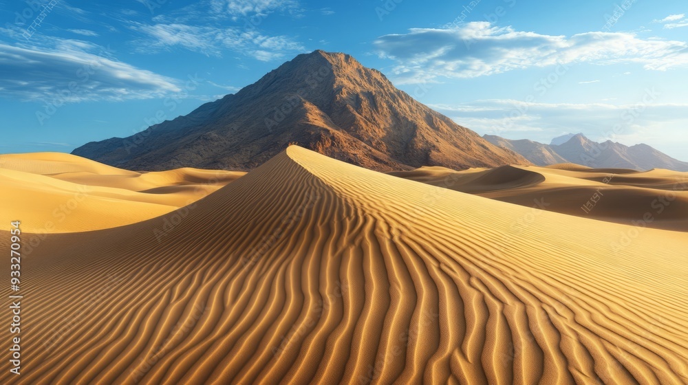 A majestic mountain range rises above a vast expanse of golden sand dunes in the desert. A majestic mountain range rises above a vast expanse of golden sand dunes in the desert.