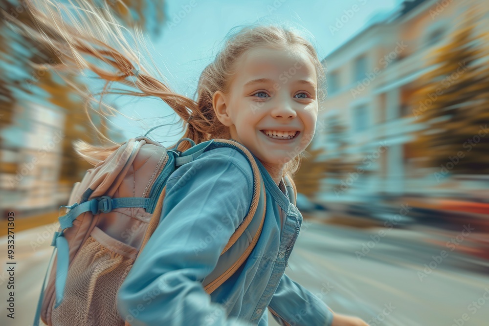 Fototapeta premium School girl with backpack on blurred school building background