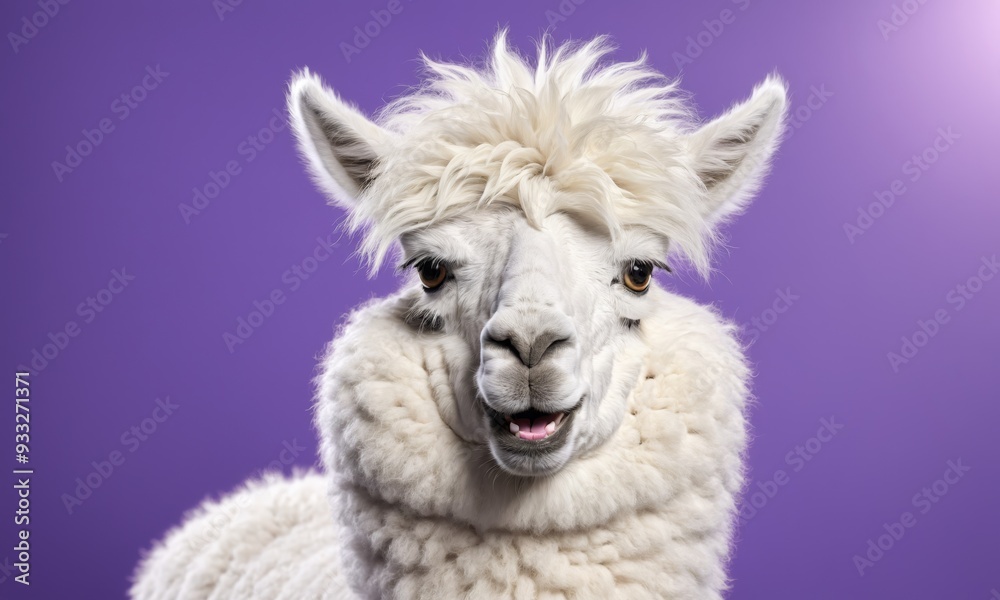 White alpaca with fluffy fur looking directly at camera with open mouth White alpaca with fluffy fur looking directly at camera with open mouth