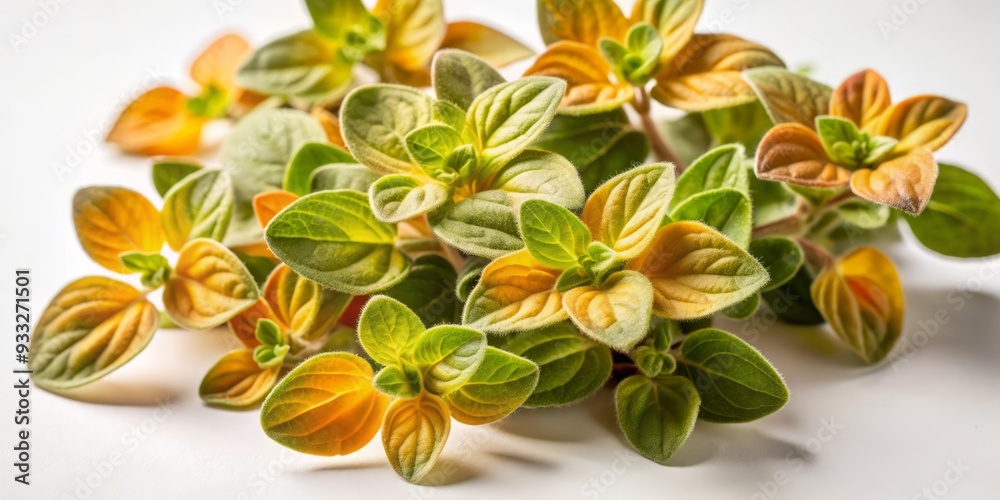 Obraz premium Vibrant green leaves of fresh sweet marjoram or oregano herb are beautifully arranged on a clean white background, showcasing its delicate texture and vibrant color.