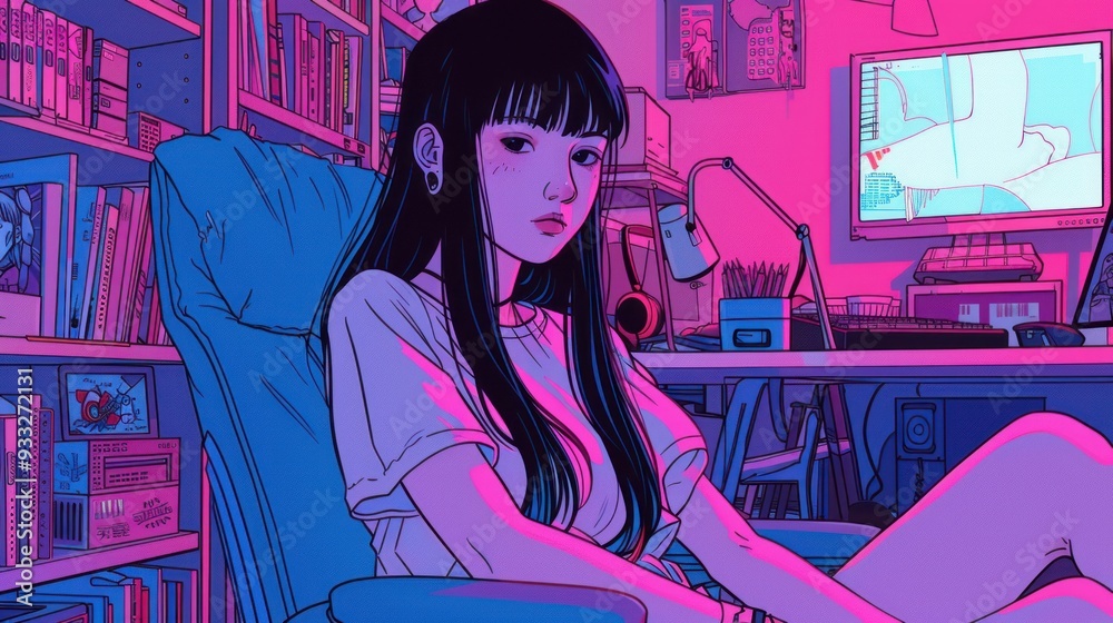 A young woman sits in a cozy futuristic shelter with a bookshelf in the background. A young woman sits in a cozy futuristic shelter with a bookshelf in the background.