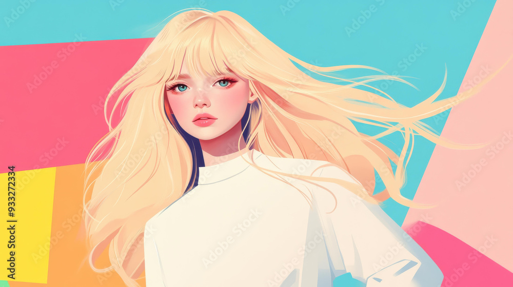 A stunning illustration of a blonde model in a vibrant pastel backdrop, showcasing modern fashion through a playful lens. A stunning illustration of a blonde model in a vibrant pastel backdrop, showcasing modern fashion through a playful lens.