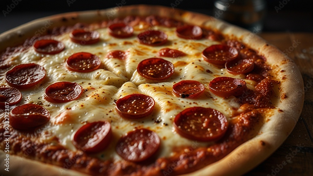 a pizza with pepperoni and cheese on it is on a table. a pizza with pepperoni and cheese on it is on a table.