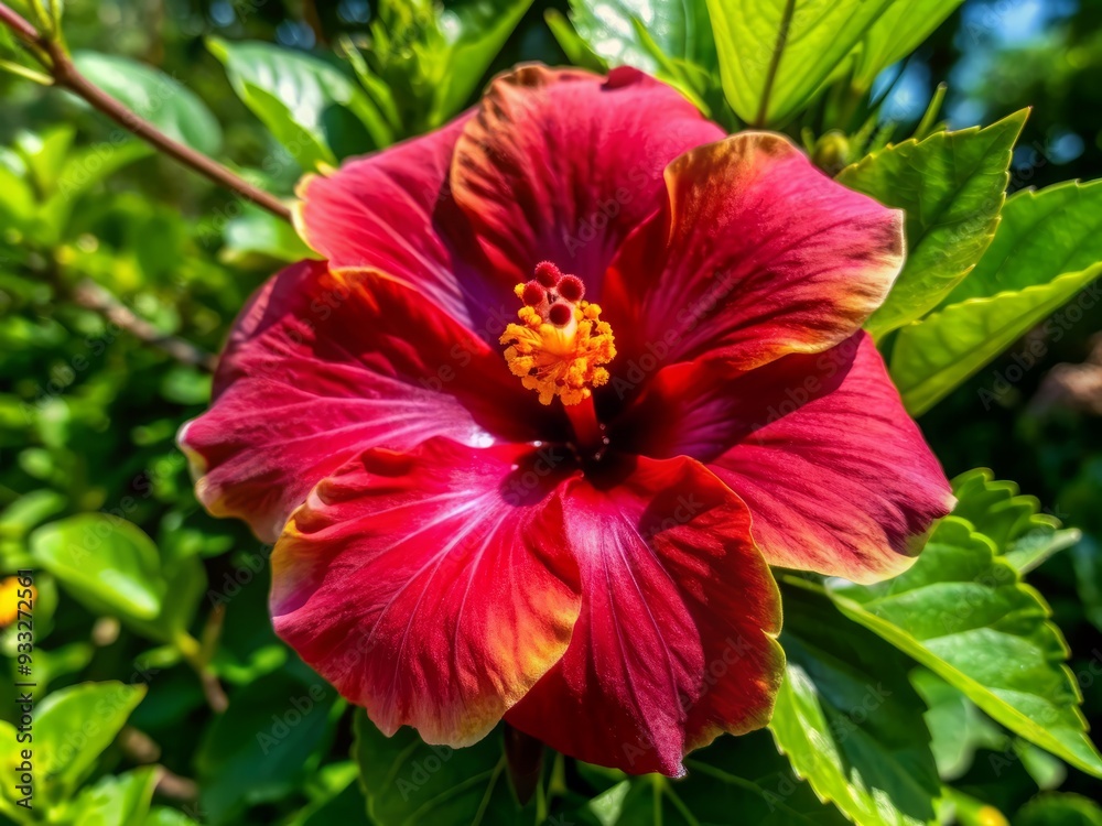 Vibrant red hibiscus flower with delicate petals and prominent yellow center blooms on a lush green background in a serene tropical garden setting.