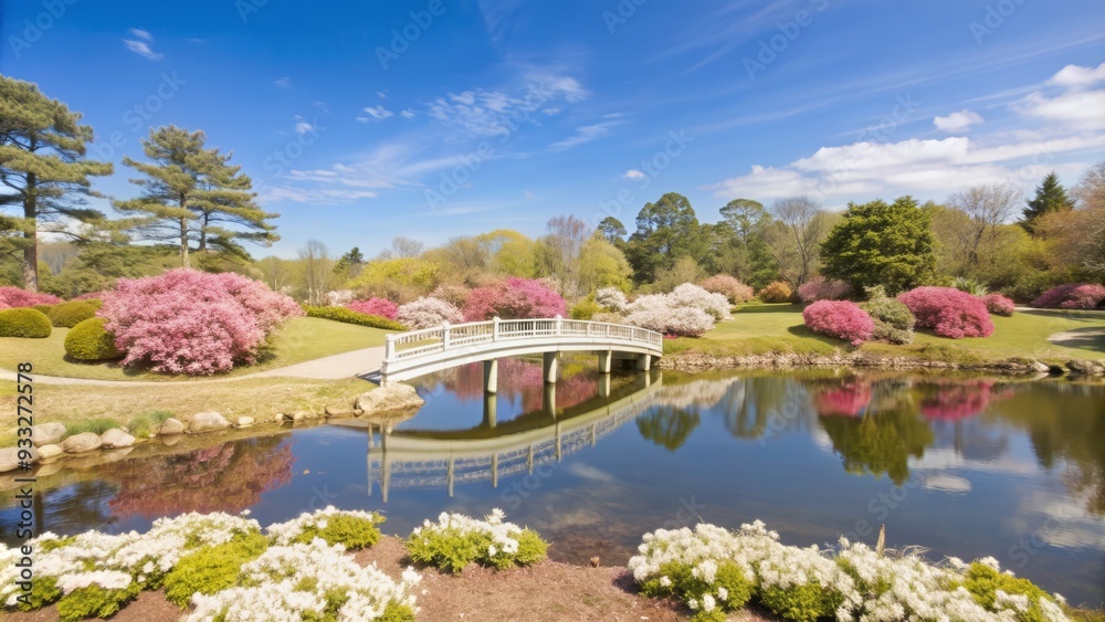 Serene garden scene featuring a tranquil pond, charming walking bridge, and vibrant pink azaleas in full bloom under a brilliant clear blue sky. Serene garden scene featuring a tranquil pond, charming walking bridge, and vibrant pink azaleas in full bloom under a brilliant clear blue sky.