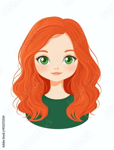 A vibrant cartoon girl, chubby with wavy red hair, feline green eyes, in a playful green dress, perfect for a baby show.