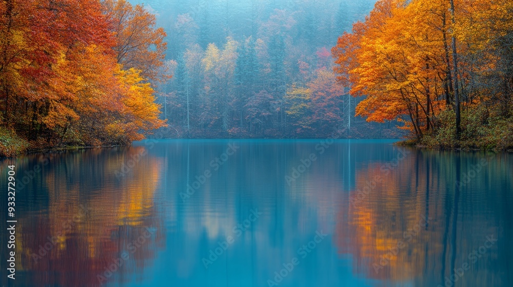Scenic lake view surrounded by vibrant autumn foliage in a tranquil setting Scenic lake view surrounded by vibrant autumn foliage in a tranquil setting