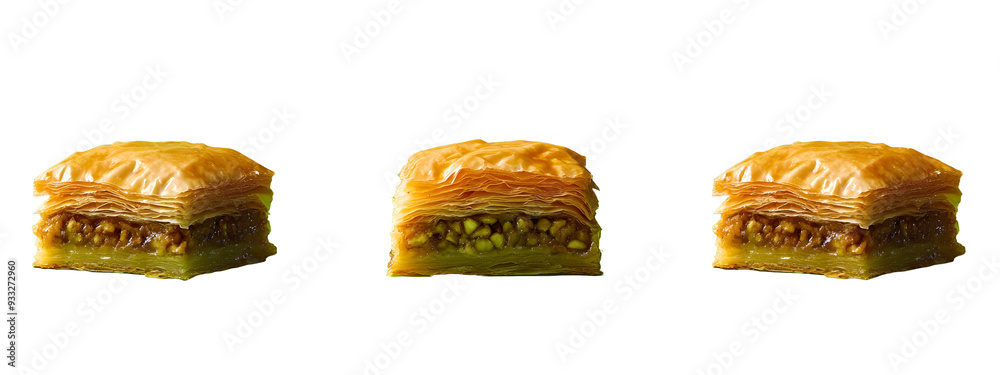 Baklava, each with layers of thin, crispy phyllo dough, sweet honey syrup, and a generous filling of chopped nuts Baklava, each with layers of thin, crispy phyllo dough, sweet honey syrup, and a generous filling of chopped nuts