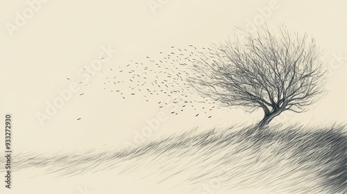 Biblical Illustration of Psalms 1: A flourishing tree by a river contrasted with dry, wind-blown chaff, symbolizing the righteous and the wicked on a beige background photo