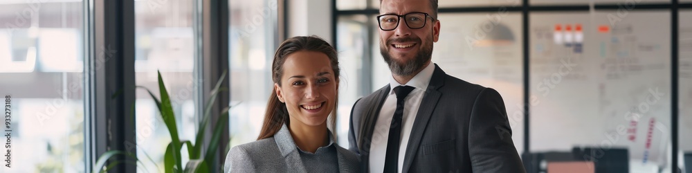 Happy business duo in modern office, professional setting, standing side by side. Happy business duo in modern office, professional setting, standing side by side.