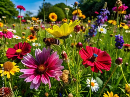 Vibrant wildflowers sway gently in the warm breeze  attracting busy bees as they flit from bloom to bloom in a sun-kissed  idyllic meadow landscape.