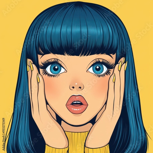 Vivid pop art of a woman captures the essence of golden age illustrations with bold colors and striking patterns. photo