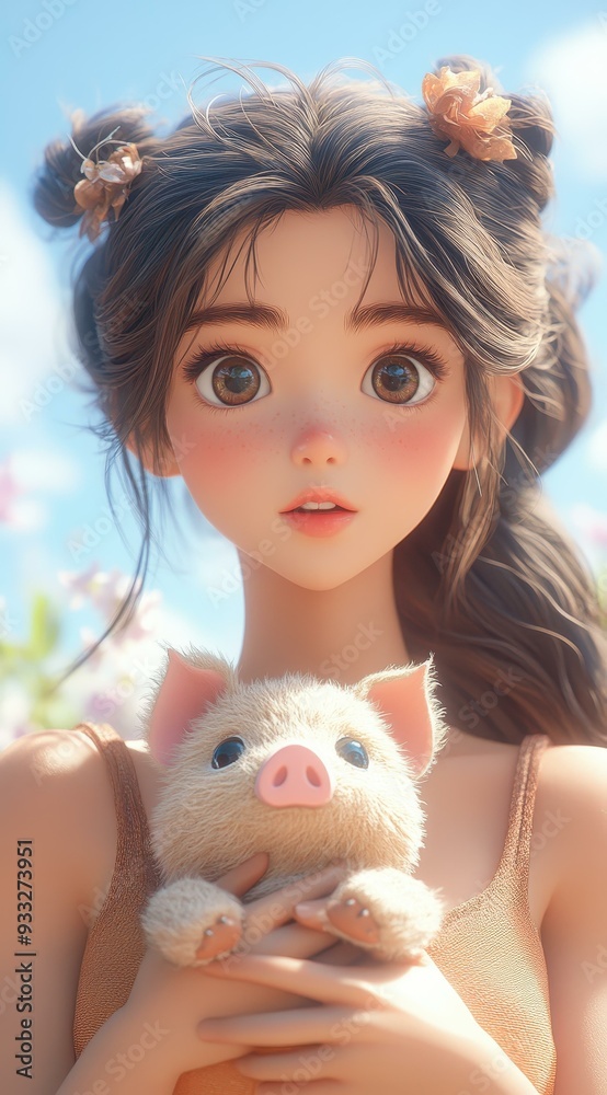 An enchanting character with twin tails and a pig doll brings a dreamy, folkloric charm to life in stunning detail. An enchanting character with twin tails and a pig doll brings a dreamy, folkloric charm to life in stunning detail.
