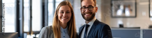 Happy business duo in modern office, professional setting, standing side by side.