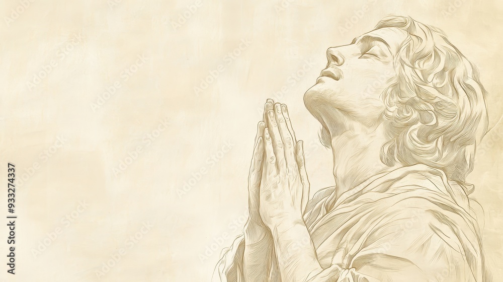 Naklejka premium Biblical Illustration of Psalms 10: David in Deep Prayer Pleading for God’s Justice as the Cries of the Afflicted Rise to Heaven on Beige Background