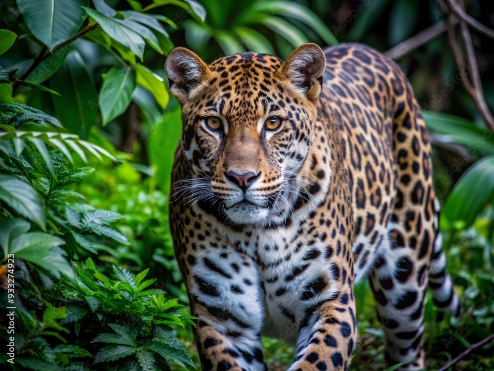 Majestic leopard with golden fur and black spots walks confidently through dense green underbrush of jungle, its eyes fixed on something in the distance. Majestic leopard with golden fur and black spots walks confidently through dense green underbrush of jungle, its eyes fixed on something in the distance.