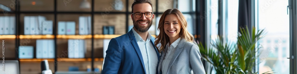 Happy business duo in sleek office, standing side by side, professional portrait style. Happy business duo in sleek office, standing side by side, professional portrait style.