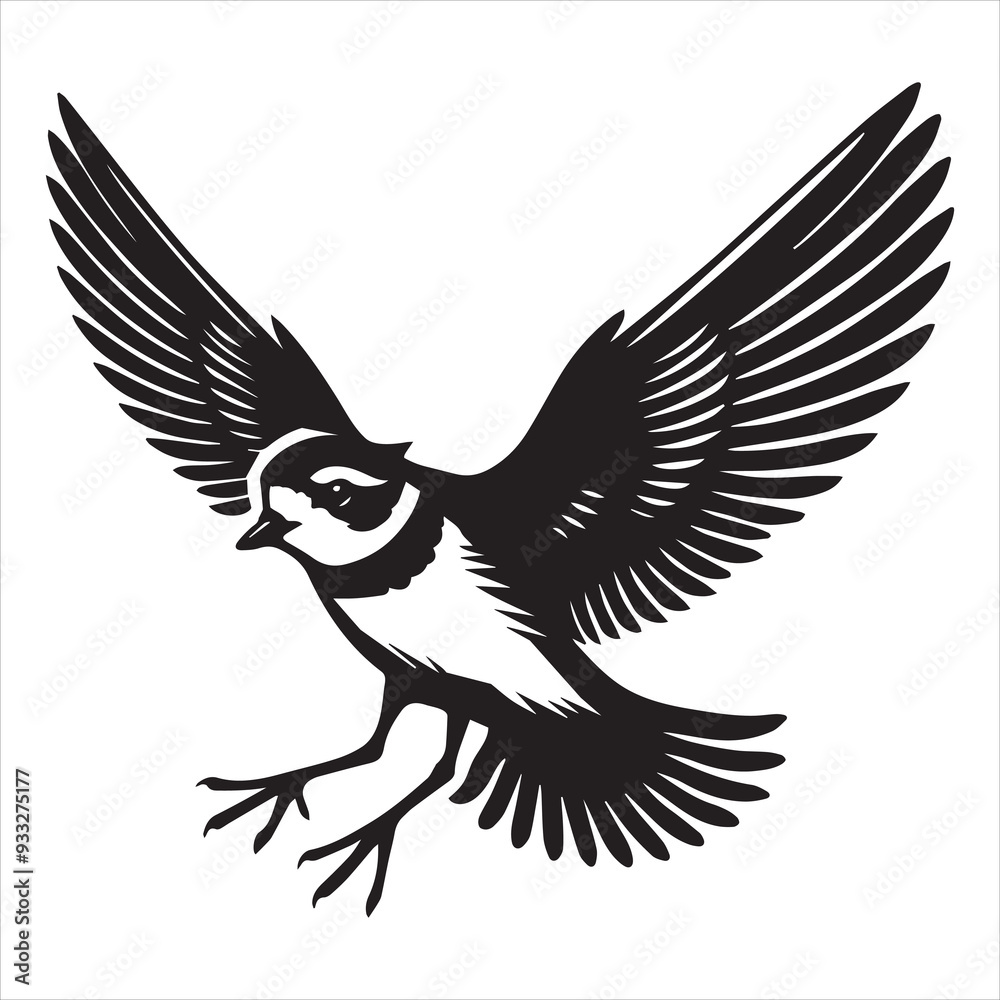 Obraz premium Piping Plover Silhouette - Plover Birt Clipart, Piping Plover landing Illustration in black and white