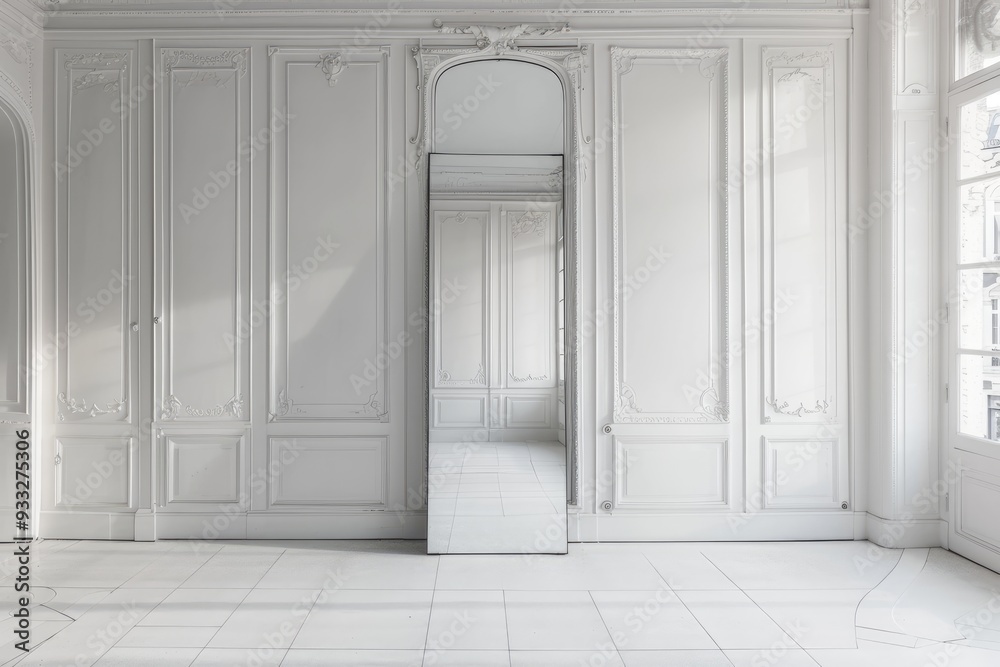 Large Mirror in Minimalist White Room with White Walls and Floor Large Mirror in Minimalist White Room with White Walls and Floor