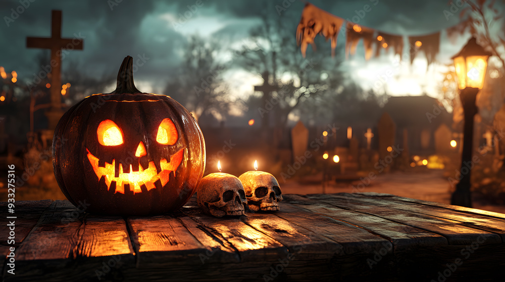 Fototapeta premium A spooky Halloween scene with a carved jack-o'-lantern illuminated by candlelight, a skull resting beside it on a weathered wooden table