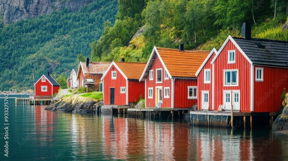 Obraz premium Row of red wooden houses on stilts by the water with a lush green hillside in the background.