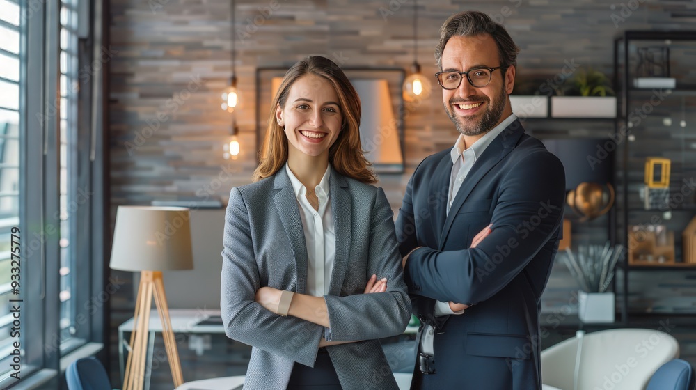 Happy business duo standing in contemporary office, professional atmosphere, portrait style. Happy business duo standing in contemporary office, professional atmosphere, portrait style.