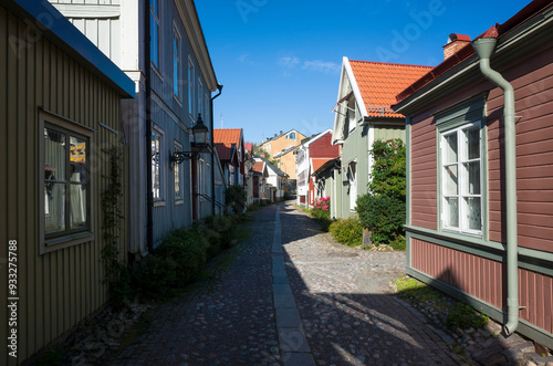 Old city timber houses in Gamla Gefle historical district of Gävle, Sweden