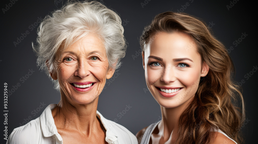 Portrait of elderly woman with white short hair and young woman with long brown hair Portrait of elderly woman with white short hair and young woman with long brown hair
