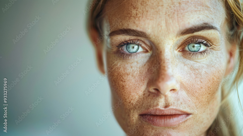 A close-up portrait of a woman with light skin, blue eyes, and freckles A close-up portrait of a woman with light skin, blue eyes, and freckles