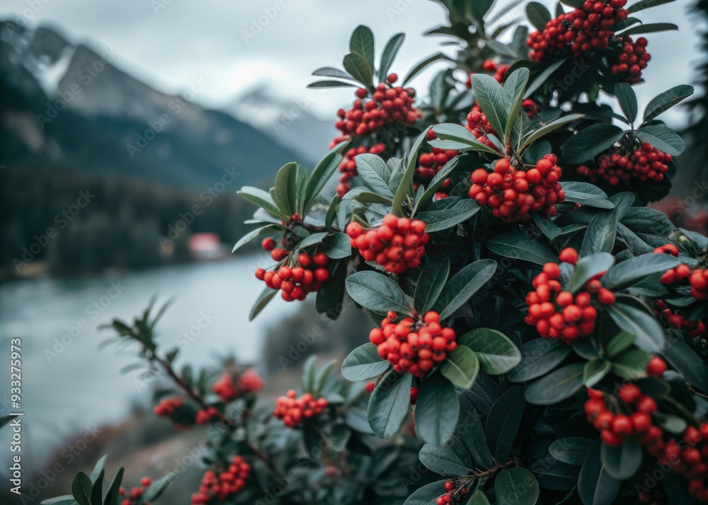 Vibrant Pyracantha coccinea shrub with bright red berries and dark green foliage adds a striking pop of color to a serene winter landscape background.