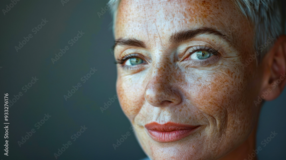 Close-up portrait of a smiling woman with green eyes and grey hair Close-up portrait of a smiling woman with green eyes and grey hair