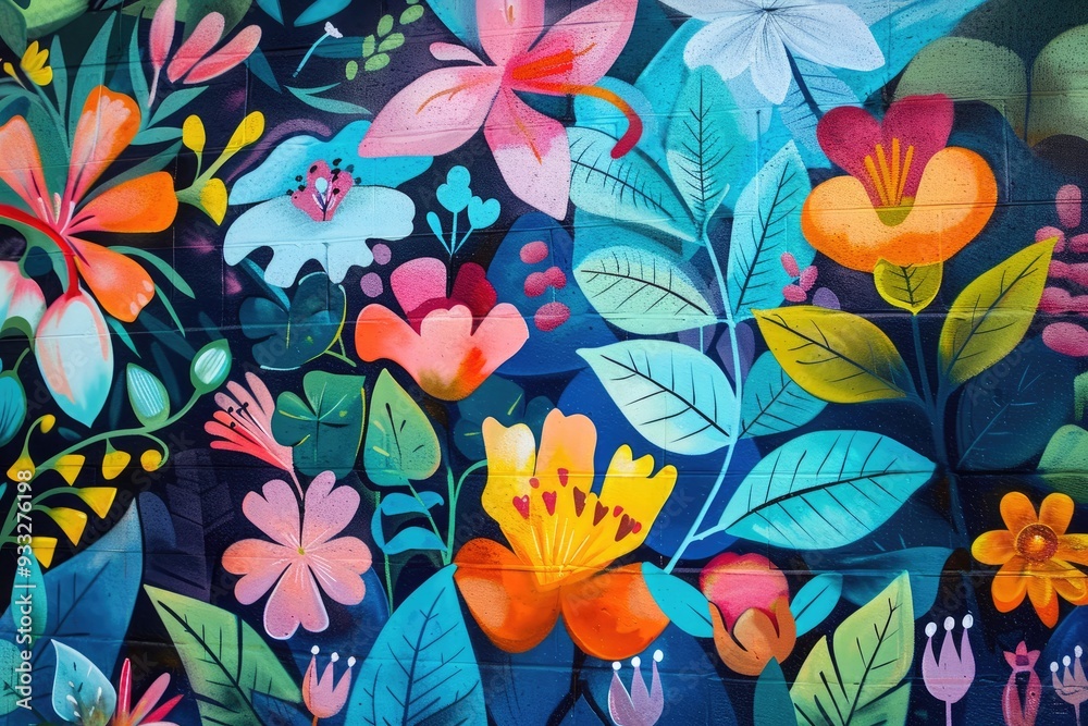 Colorful Mural of Vibrant Flowers and Plants, Colorful Mural of Vibrant Flowers and Plants,